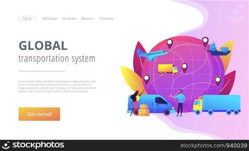 Internet store goods international shipment. Global transportation system, worldwide logistics and distribution, worldwide delivery service concept. Website homepage landing web page template.. Global transportation system concept landing page.