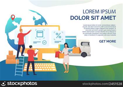 Internet store personnel working on customer order. Teamwork, woman with shopping bag, service. Online shop concept. Vector illustration can be used for presentation slide, poster, new projects