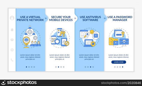 Internet surfing safety tips onboarding vector template. Responsive mobile website with icons. Web page walkthrough four step screens. Data protection color concept with linear illustrations. Internet surfing safety tips onboarding vector template