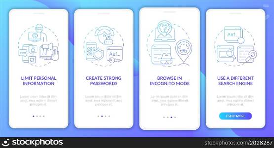 Internet surfing security tips onboarding mobile app page screen. Data protection walkthrough eight four graphic instructions with concepts. UI, UX, GUI vector template with linear color illustrations. Internet surfing security tips onboarding mobile app page screen