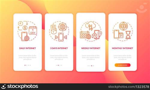 Internet tariff plans onboarding mobile app page screen with concepts. Daily, weekly and monthly Internet walkthrough 4 steps graphic instructions. UI vector template with RGB color illustrations