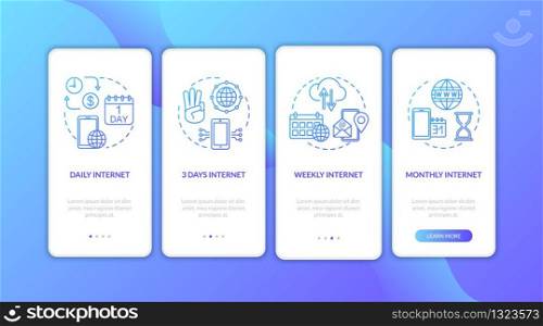 Internet tariffs range onboarding mobile app page screen with concepts. Daily, weekly, monthly paid Internet walkthrough 4 steps graphic instructions. UI vector template with RGB color illustrations