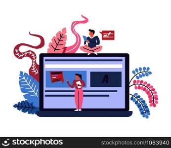 Internet technologies and multimedia online publication on websites vector people working in journalist field typing and posting news and articles big laptop screen monitor and foliage decor. Internet technologies and multimedia online publication on websites