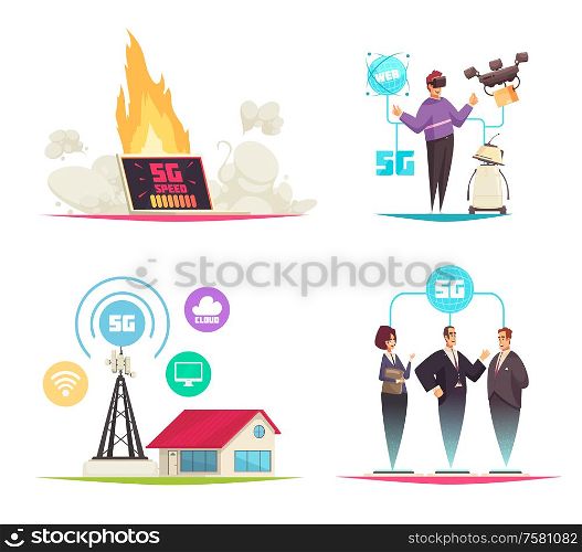Internet technology 2x2 design concept set of cartoon compositions on theme fifth generation of mobile communications vector illustration