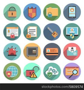 Internet technology computer protection software service flat icons set with safety symbols abstract round isolated vector illustration. Computer security icons set flat round