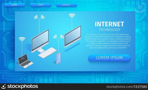 Internet Technology Horizontal Banner with Copy Space. Smart Devices Connected Together with Network. Laptop, Computer, Tablet and Smartphone Wifi Connection System. 3D Isometric Vector Illustration.. Smart Devices Connected Together with Network.