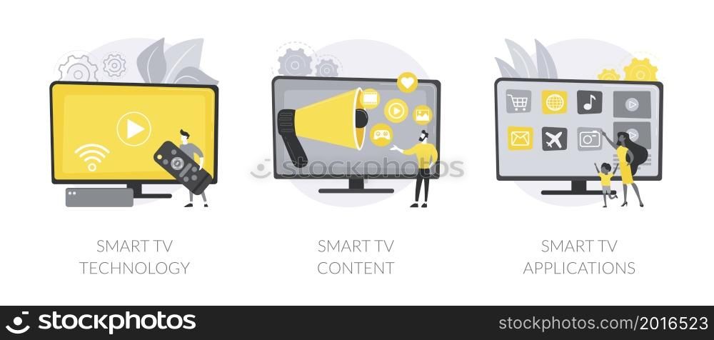 Internet television abstract concept vector illustration set. SmartTV technology, 4k video content, television applications development, home cinema content, online streaming abstract metaphor.. Internet television abstract concept vector illustrations.
