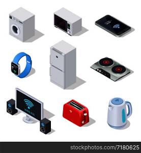 Internet things isometric icons. Household appliances. Wireless electronic devices vector 3d isolated set. Illustration of wireless household isometric, microwave and fridge, washer control. Internet things isometric icons. Household appliances. Wireless electronic devices vector 3d isolated set