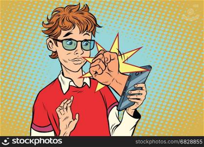 Internet threats to a teenager on the phone, bullying. Pop art retro vector illustration. Internet threats to a teenager on the phone, bullying