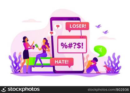 Internet trolling, psychological abuse, teenager violence. Girls laughing at sad boy. Cyberbullying, online flooding, social network harassment concept. Vector isolated concept creative illustration. Cyberbullying concept vector illustration