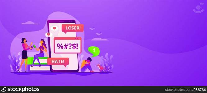 Internet trolling, psychological abuse, teenager violence. Girls laughing at sad boy. Cyberbullying, online flooding, social network harassment concept. Header or footer banner template with copy space.. Cyberbullying web banner concept