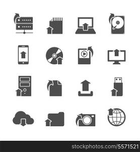 Internet upload symbols collection for computer and mobile electronic devices black icons set isolated vector illustration