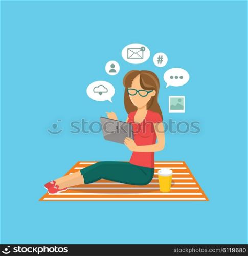 Internet user woman with tablet. Internet and user, woman and computer user, social media, web user, tablet technology, computer user, communication user, person girl user working illustration
