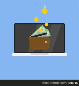 Internet wallet with cash card and golden coins on computer screen blue background internet payment transactions profit Flat design. EPS 10