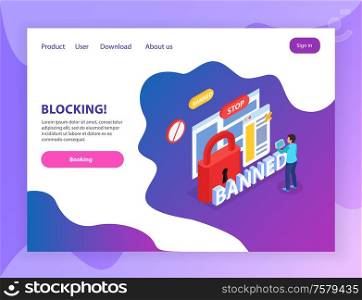Internet website blocking abusive users isometric landing page with banned stop lock prohibition signs symbols vector illustration