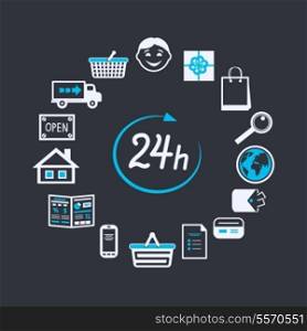 Internet website store open 24 hours for online shopping and customer service concept isolated vector illustration