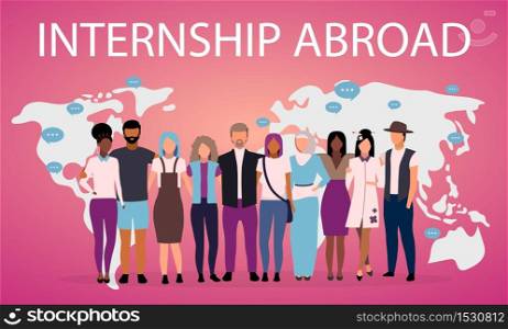 Internship abroad poster vector template. Students exchange program. Brochure, cover, booklet page concept with flat illustrations. International friendship. Advertising flyer, leaflet, banner layout