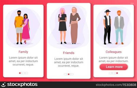 Interpersonal relationships onboarding mobile app screen template. Race and ethnic relations. Multicultural family, friends, colleagues. Website steps with flat characters. UX, UI, GUI interface