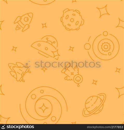 Interplanetary space abstract seamless pattern. Vector shapes on orange background. Trendy texture with cartoon color icons. Design with graphic elements for interior, fabric, website decoration. Interplanetary space abstract seamless pattern