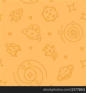 Interplanetary space abstract seamless pattern. Vector shapes on orange background. Trendy texture with cartoon color icons. Design with graphic elements for interior, fabric, website decoration. Interplanetary space abstract seamless pattern