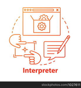 Interpreter concept icon. Help and support center. Computer code testing. Information technology. Program setup idea thin line illustration. Vector isolated outline drawing