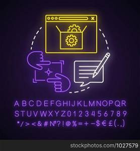 Interpreter neon light concept icon. Help and support center. Computer code testing. Program setup idea. Glowing sign with alphabet, numbers and symbols. Vector isolated illustration