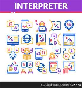 Interpreter Translator Collection Icons Set Vector. Interpreter In Smartphone And Web Site, Laptop And Microphone, Language Linguist Concept Linear Pictograms. Color Illustrations. Interpreter Translator Collection Icons Set Vector