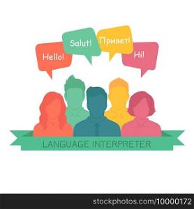 interpreter with speech bubbles in different languages. Male and female faces avatars in modern design style.  Communication, translation, teamwork, assistance and connection vector concept