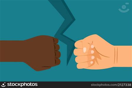 Interracial confrontation. Hand of European and African American, difference in mentality or complexity of communication vector metaphor. Interracial confrontation metaphor