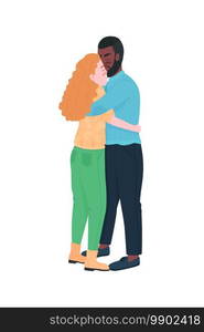 Interracial couple hugging flat color vector detailed characters. Relationship anniversary. Valentines day celebration isolated cartoon illustration for web graphic design and animation. Interracial couple hugging flat color vector detailed characters