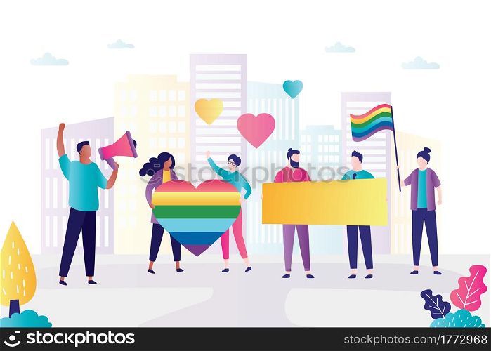 Interracial group of gay, lesbian activists participa?? in lgbtq parade or protest. Concept of homosexual people and struggle equal human rights. Banner on theme lgbt movement.Flat vector illustration. Interracial group of gay, lesbian activists participa?? in lgbtq parade or protest. Concept of homosexual people and struggle equal human rights