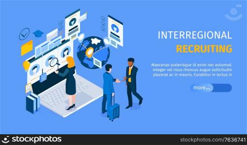 Interregional recruiting program landing page with standing on laptop agent searching candidates isometric web banner vector illustration