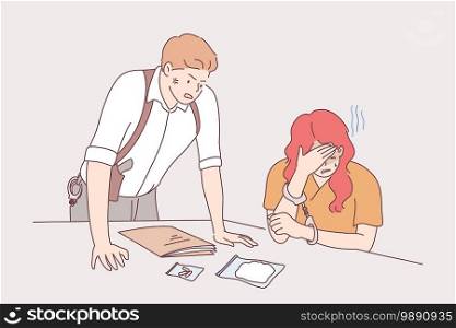 Interrogation of suspected person concept. Furious man police officer investigator cartoon character with gun standing and interrogating sitting depressed woman suspect vector illustration. Interrogation of suspected person concept