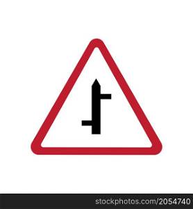 Intersection right left traffic. Road sign. Warning icon. Triangular symbol. Flat art. Vector illustration. Stock image. EPS 10.. Intersection right left traffic. Road sign. Warning icon. Triangular symbol. Flat art. Vector illustration. Stock image.