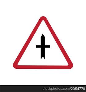 Intersection with a minor road. Attention traffic sign. Red triangular icon. Flat style. Vector illustration. Stock image. EPS 10.. Intersection with a minor road. Attention traffic sign. Red triangular icon. Flat style. Vector illustration. Stock image.