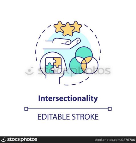 Intersectionality concept icon. Person identity. Social justice. Mental health. Cultural competence. Unique experience abstract idea thin line illustration. Isolated outline drawing. Editable stroke. Intersectionality concept icon