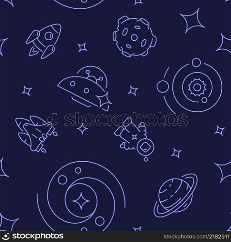 Interstellar space abstract seamless pattern. Vector shapes on dark purple background. Trendy texture with cartoon color icons. Design with graphic elements for interior, fabric, website decoration. Interstellar space abstract seamless pattern