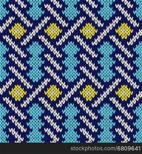 Intertwining geometric lines in blue, white and yellow hues over light blue background, seamless knitting vector pattern as a fabric texture
