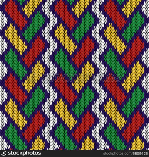 Intertwining geometric lines in red, green, yellow and blue colors over white background, seamless knitting vector pattern as a fabric texture