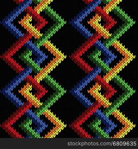 Intertwining geometric lines in red, green, yellow, orange and blue colors over black background, seamless knitting vector pattern as a fabric texture