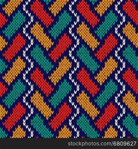 Intertwining geometric lines in red, turquoise, orange, blue and white colors, seamless knitting vector pattern as a fabric texture