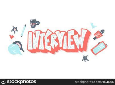 Interview emblem with lettering and decoration design element. Set of interview tools. Banner template with text and journalism symbols. Vector conceptual illustration.