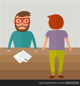 Interview for a job. Two young men from different sides of the table. Resume paper blank on the table. Vector illustration in flat style. Interview for a job. Two young men from different sides of the table. Resume paper blank on the table. Vector illustration in flat style.