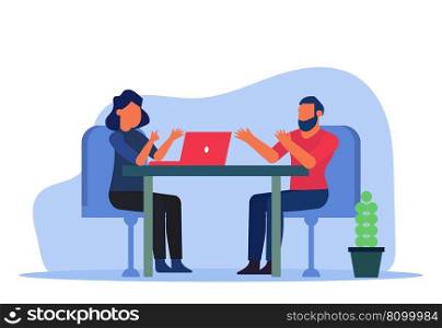 Interview in the office, a woman at a computer talking to a man. Get a prestigious job. Business vector illustration concept