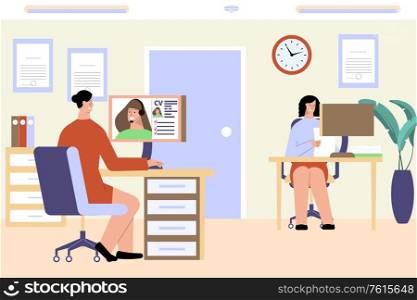 Interview job flat composition with hr specialists in office speaking online with job candidates and cv vector illustration