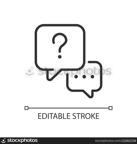 Interview question linear icon. Communication process. Journalist job and mass media. Thin line illustration. Contour symbol. Vector outline drawing. Editable stroke. Arial font used. Interview question linear icon