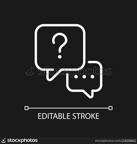 Interview question white linear icon for dark theme. Communication process. Journalist job and mass media. Thin line illustration. Isolated symbol for night mode. Editable stroke. Arial font used. Interview question white linear icon for dark theme