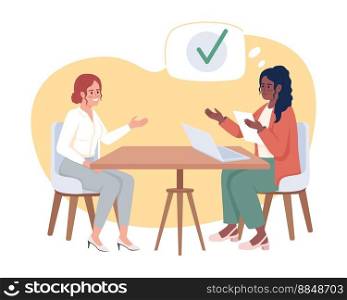 Interview session 2D vector isolated illustration. Manager informing candidate of meeting conclusion flat characters on cartoon background. Colorful editable scene for mobile, website, presentation. Interview session 2D vector isolated illustration