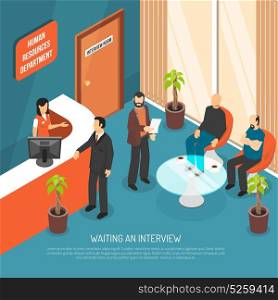 Interview Waiting Area Illustration . Interview waiting area with human resources department symbols flat vector illustration