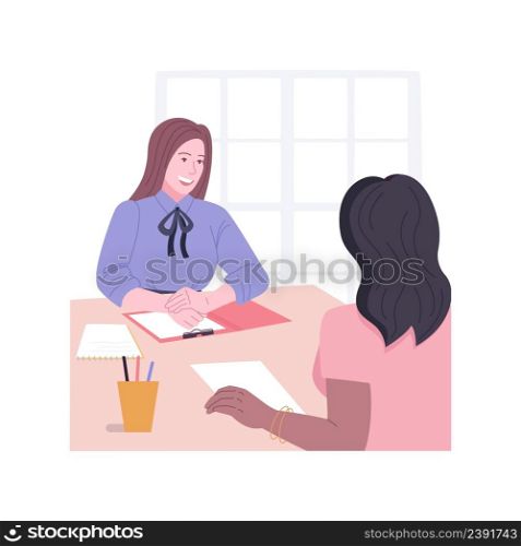 Interviewing candidate isolated cartoon vector illustrations. Candidate has a job interview with professional HR specialist, recruiting company, applicant selection process vector cartoon.. Interviewing candidate isolated cartoon vector illustrations.